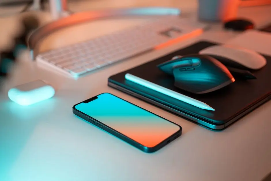 Smartphone modern di atas meja kerja dengan aksesori gadget
